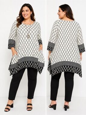 White Mark Black and White Geometric Handkerchief Hem Tunic